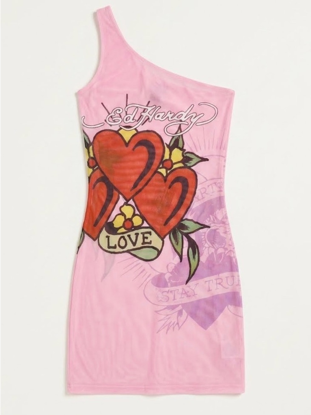 NWT Ed Hardy Pink One-Shoulder Tattoo Heart Print Coverup Dress .